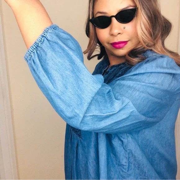 SALE 🔥 FALLS CREEK 3X Denim Blue Embroidered Boho Western Long Slv Plus Peasant - Picture 5 of 15